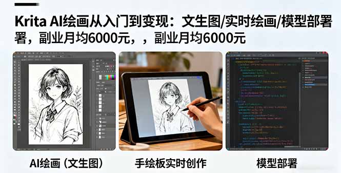 Krita AI绘画从入门到变现：文生图/实时绘画/模型部署，副业月均6000元-卿云社