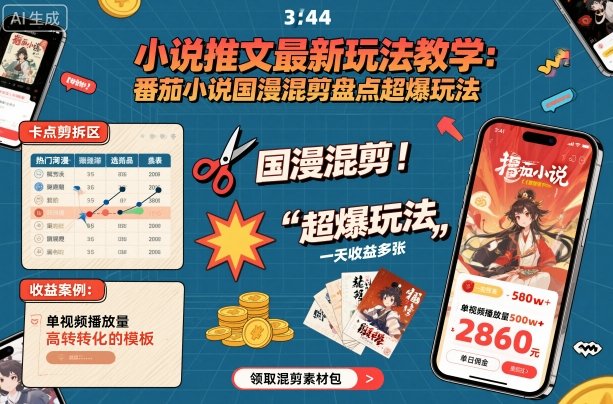 小说推文最新玩法教学，番茄小说国漫混剪盘点超爆玩法，全程干货，一天收益多张-卿云社