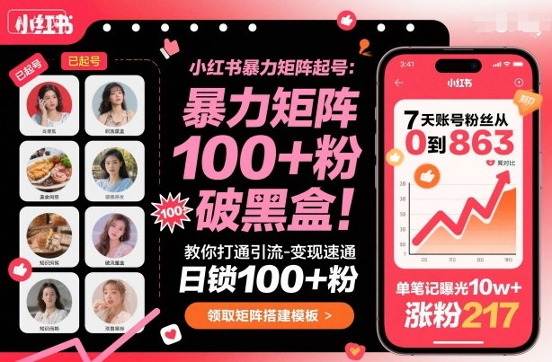 小红书暴力矩阵起号，教你打通引流-变现速通，日锁100+粉，破流量黑盒-卿云社