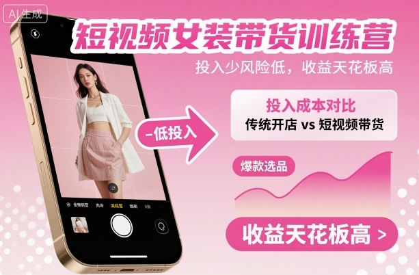 短视频女装带货训练营，投入少风险低，收益天花板高-卿云社