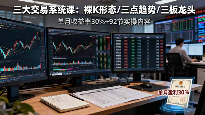 三大交易系统课：裸K形态/三点趋势/三板体系，单月收益率30%+92节实操内容-卿云社