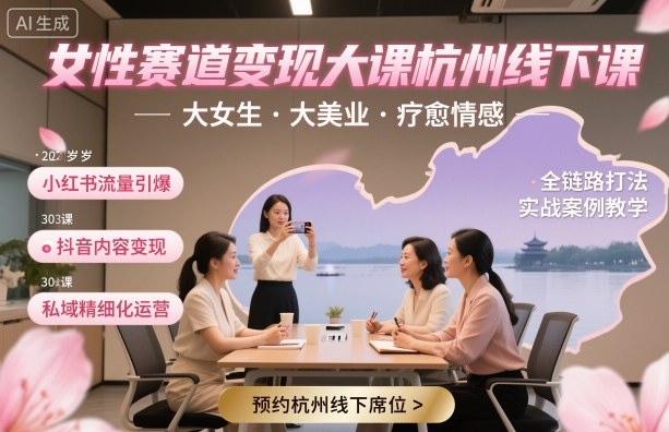 女性赛道变现大课杭州线下，大女生，大美业，疗愈情感，一套小红书、抖音、私域全链路打法-卿云社