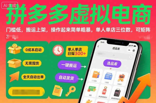 拼多多虚拟电商，门槛低，搬运上架，操作起来简单粗暴，单人单店三位数，可矩阵-卿云社