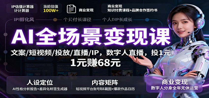 AI全场景变现课：文案/短视频/投放/直播/IP，数字人直播，投1元赚68元-卿云社