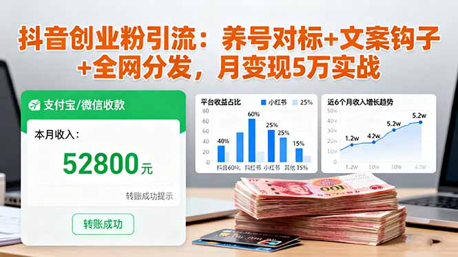 抖音创业粉引流：养号对标+文案钩子+全网分发，月变现5万实战-卿云社
