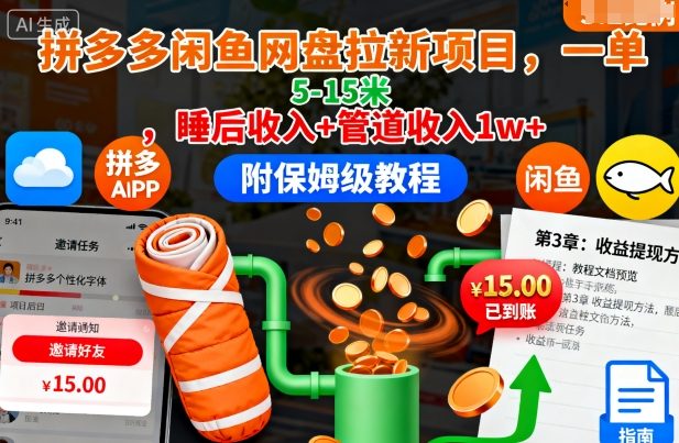 拼多多闲鱼网盘拉新项目，一单5-15米，睡后收入+管道收入1w+(附保姆级教程)-卿云社