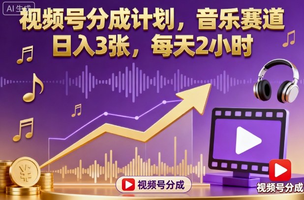 视频号分成计划，音乐赛道，日入3张，每天2小时-卿云社
