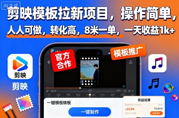 剪映模板拉新项目，操作简单，人人可做，转化高，8米一单，一天收益1k+-卿云社