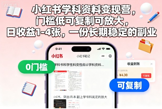 小红书学科资料变现营，门槛低可复制可放大，日收益1-4张，一份长期稳定的副业-卿云社