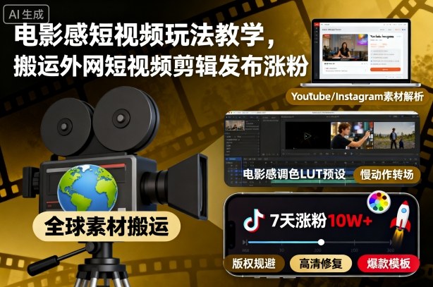 电影感短视频玩法教学，搬运外网短视频剪辑发布涨粉-卿云社