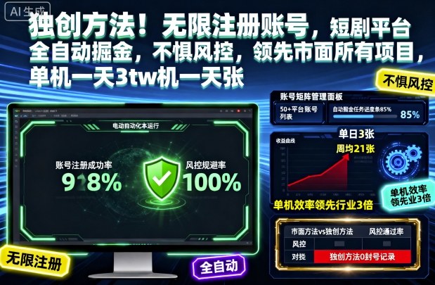 独创方法！无限注册账号，短剧平台全自动掘金，不惧风控，领先市面所有项目，单机一天3张【揭秘】-卿云社