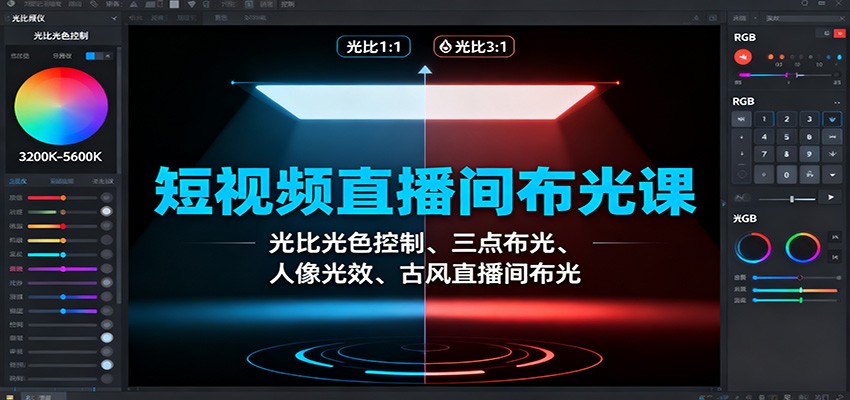 短视频直播间布光课：光比光色控制、三点布光、人像光效、古风直播间布光-卿云社
