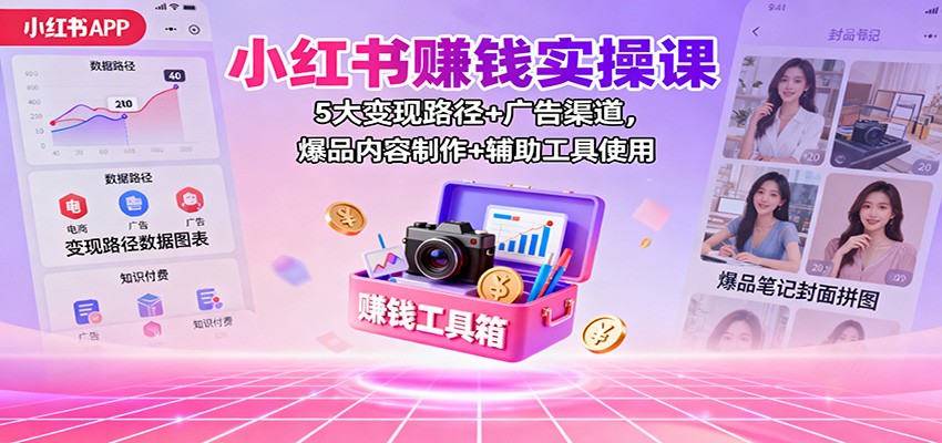 小红书赚钱实操课：5大变现路径+广告渠道，爆品内容制作+辅助工具使用-卿云社