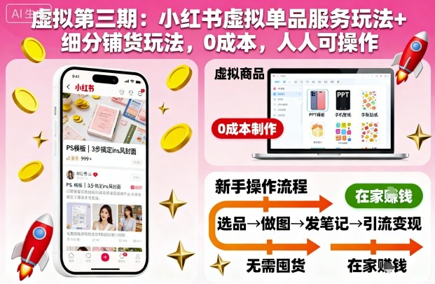 虚拟第三期：小红书虚拟单品服务玩法+细分铺货玩法，0成本，人人可操作(更新)-卿云社