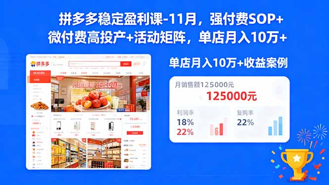 拼多多稳定盈利课-11月，强付费SOP+微付费高投产+活动矩阵，单店月入10万+-卿云社