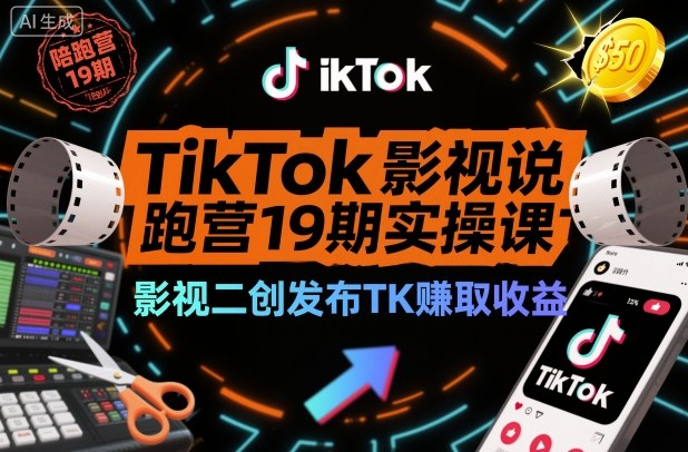TikTok影视解说陪跑营19期实操课，影视二创发布TK賺取收益，万播收益50美金-卿云社