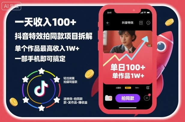 一天收入100+，抖音特效拍同款项目拆解，单个作品最高收入1W+，一部手机即可搞定-卿云社