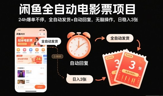 闲鱼全自动电影票项目，24h爆单不停，全自动发货+自动回复，无脑操作，日稳入3张【揭秘】-卿云社