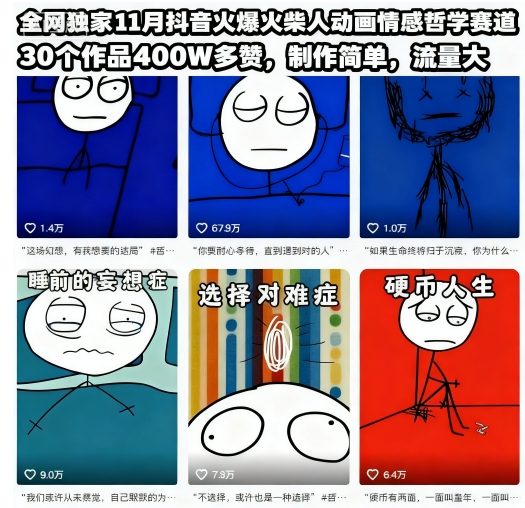 全网独家11月抖音火爆火柴人动画情感哲学赛道，30个作品400W多赞，制作简单，流量大【教学+素材】-卿云社