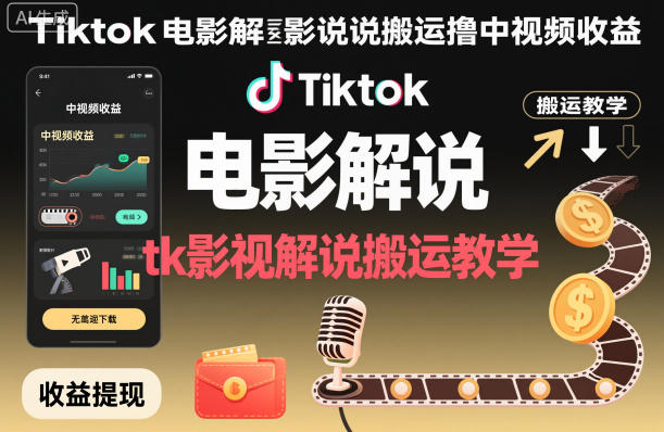 Tiktok电影解说搬运撸中视频收益，tk影视解说搬运教学-卿云社