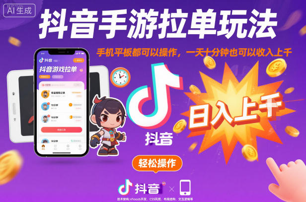 抖音手游拉单玩法，手机平板都可以操作，一天十分钟也可以收入上K【揭秘】-卿云社