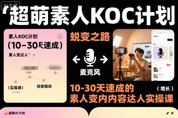 超萌素人KOC计划，10-30天速成的素人变内容达人实操课，适合想做短剧小说推文电商推广的素人入局-卿云社