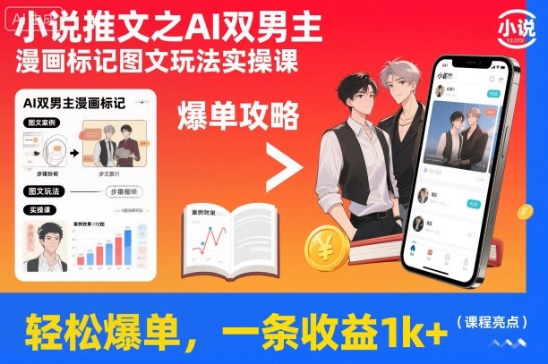 小说推文之AI双男主漫画标记图文玩法实操课，轻松爆单，一条收益1k+-卿云社