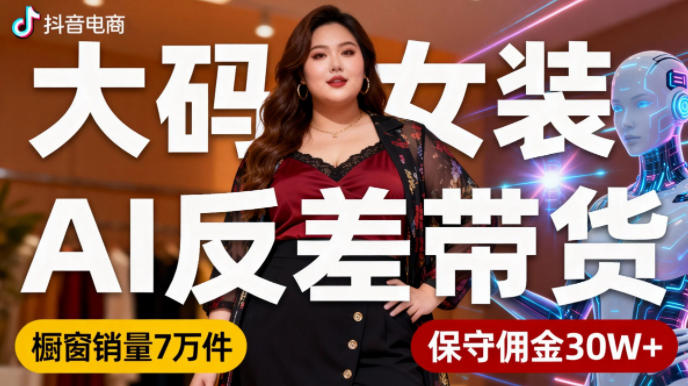 抖音小众赛道，大码女装AI反差带货，不用直播，每天6条作品，橱窗卖7万件，保守佣金30W+-卿云社