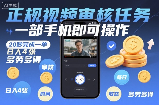 正规视频审核任务，一部手机即可操作，20秒完成一单，日入4张，多劳多得【揭秘】-卿云社