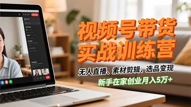 视频号带货实战训练营，无人直播、素材剪辑、选品变现，新手在家创业月入5万+-卿云社