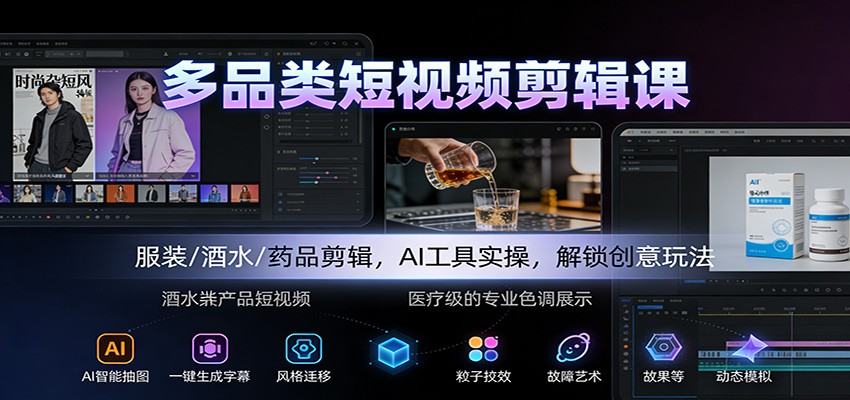 多品类短视频剪辑课：服装/酒水/药品剪辑，AI工具实操，解锁创意玩法-卿云社