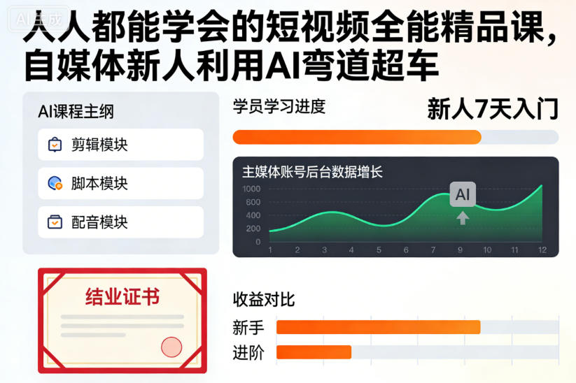 人人都能学会的短视频全能精品课，自媒体新人利用AI弯道超车-卿云社