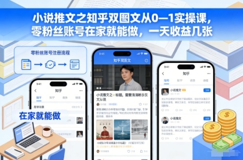 小说推文之知乎双图文从0—1实操课，零粉丝账号在家就能做，一天收益几张-卿云社