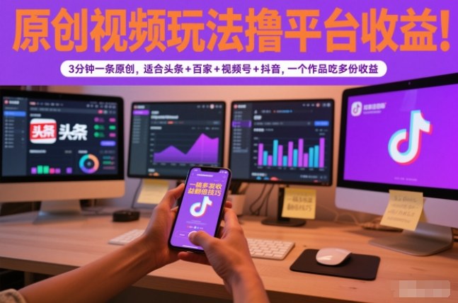 原创视频玩法撸平台收益，3分钟一条原创，适合头条+百家+视频号+抖音，一个作品吃多份收益-卿云社