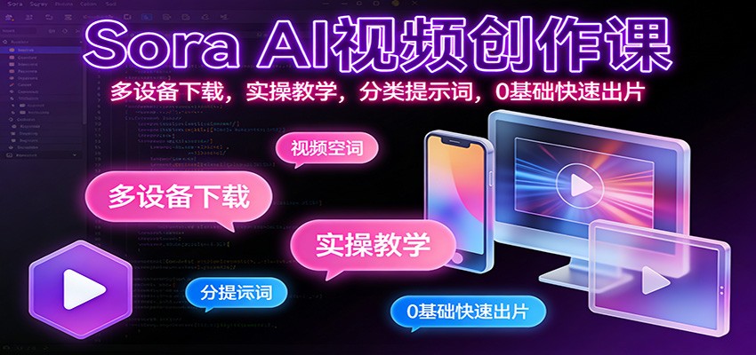 Sora AI视频创作课：多设备下载，实操教学，分类提示词，0基础快速出片-卿云社