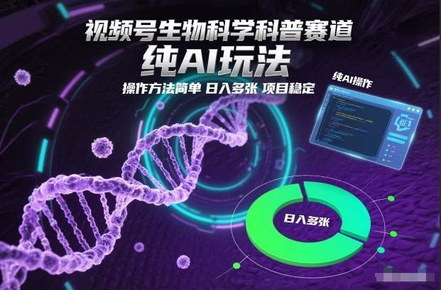 视频号生物科学科普赛道，纯AI玩法，操作方法简单，日入多张，项目稳定-卿云社
