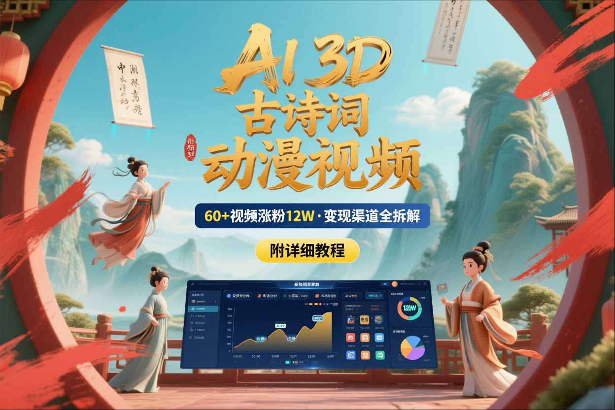 AI制作3D古诗词动漫视频，60多个视频涨粉12W，多个变现渠道拆解【附详细教程】-卿云社