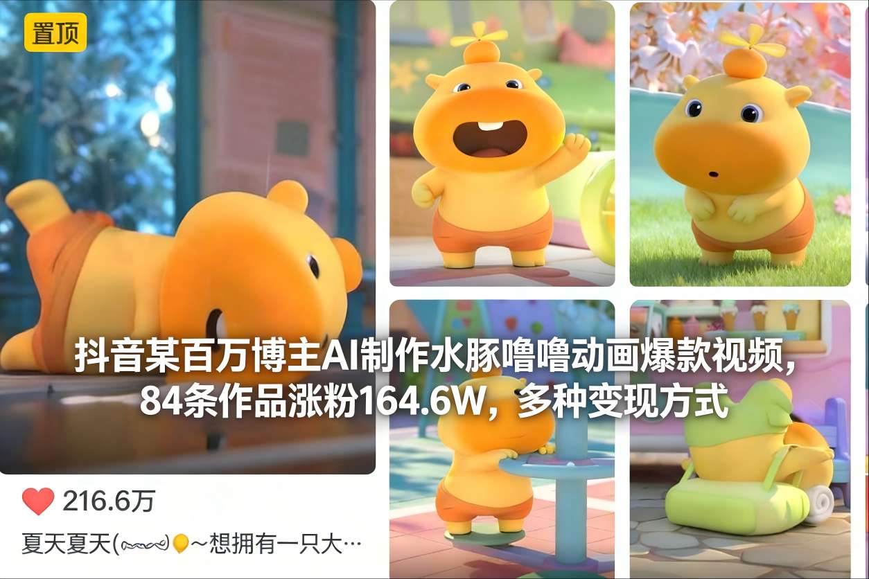 抖音某百万博主AI制作水豚噜噜动画爆款视频，84条作品涨粉164.6W，多种变现方式-卿云社