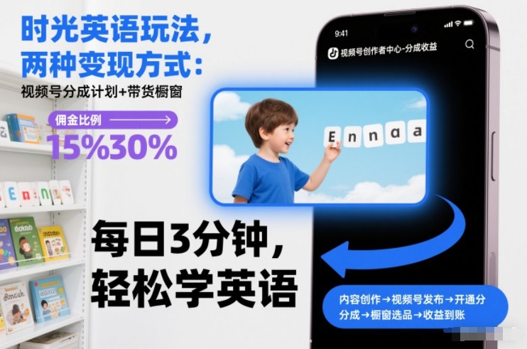 时光英语玩法，两种变现方式：视频号分成计划+带货橱窗-卿云社