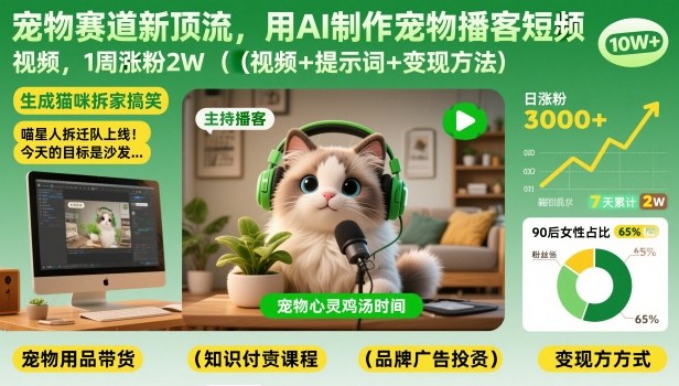 宠物赛道新顶流，用AI制作宠物播客短视频，1周涨粉2W(视频+提示词+变现方法)-卿云社