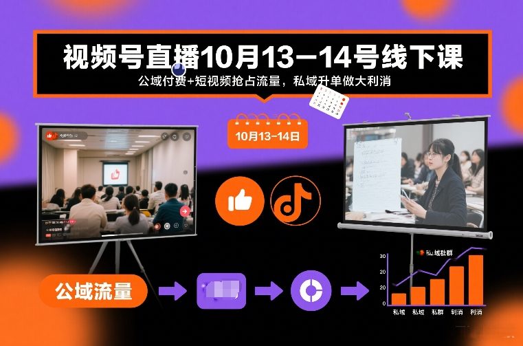 视频号直播10月13-14号线下课，公域付费+短视频抢占流量，私域升单做大利消-卿云社