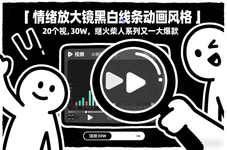 情绪放大镜黑白线条动画风格，20个视频，涨粉30W，继火柴人系列又一大爆款-卿云社