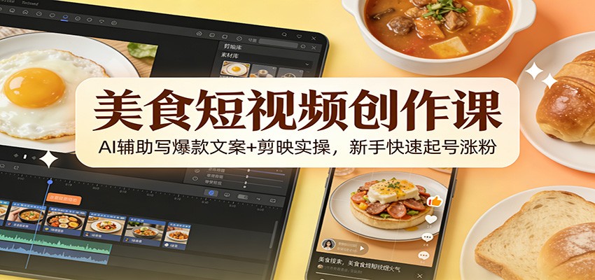 美食短视频创作课：AI辅助写爆款文案+剪映实操，新手快速起号涨粉-卿云社