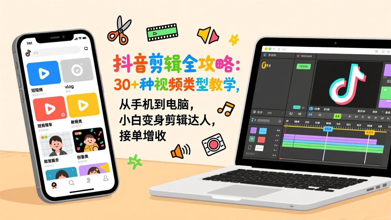 抖音剪辑全攻略：30+种视频类型教学，从手机到电脑，小白变身剪辑达人，接单增收-卿云社