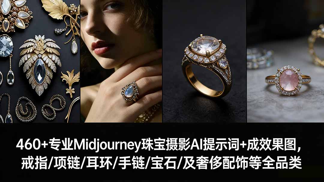 460+专业Midjourney珠宝摄影AI提示词+成效果图，戒指/项链/耳环/手链/宝石/及奢侈配饰等全品类-卿云社