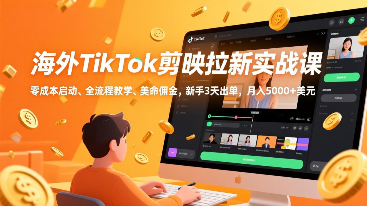 海外TikTok剪映拉新实战课，零成本启动、全流程教学、美金佣金，新手3天出单，月入5000+美元-卿云社