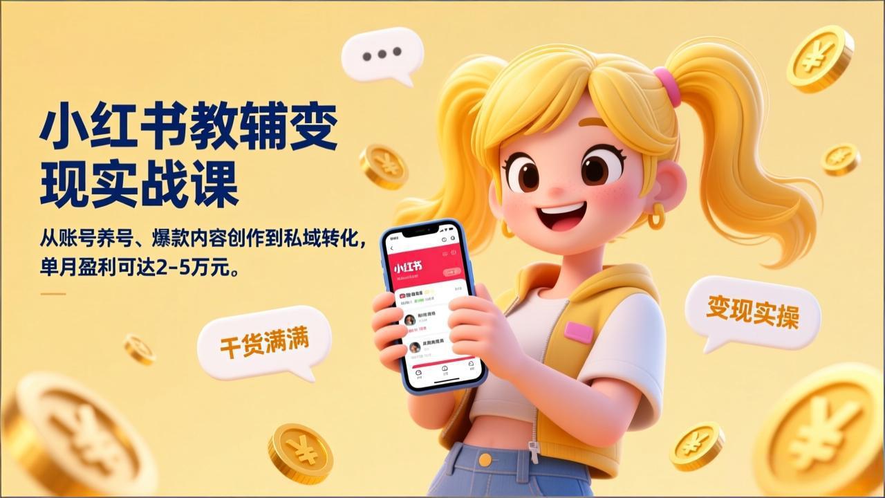 小红书教辅变现实战课，从账号养号、爆款内容创作到私域转化，单月盈利可达2-5万元-卿云社