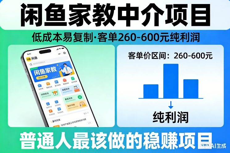 闲鱼家教中介项目，低成本易复制，客单260-600不等纯利润，这才是普通人最该做的稳賺项目-卿云社
