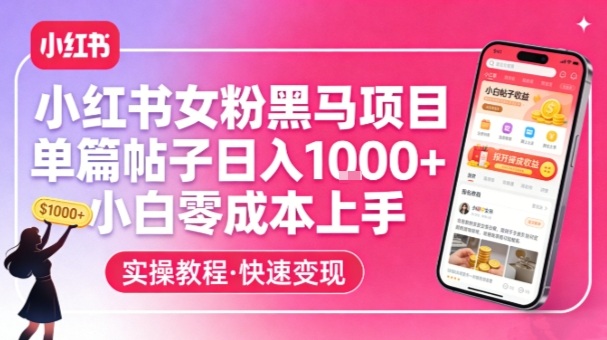 小红书女粉黑马项目，单篇帖子日入1k+，小白零成本上手-卿云社