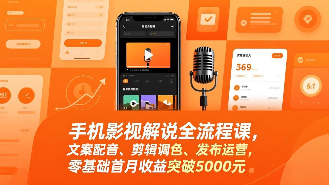 手机影视解说全流程课，文案配音、剪辑调色、发布运营，零基础首月收益突破5000元-卿云社